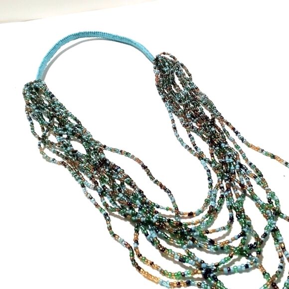 Vintage Hand Woven Turquoise & Gold Multi Strand Seed Bead Necklace - Picture 5 of 8